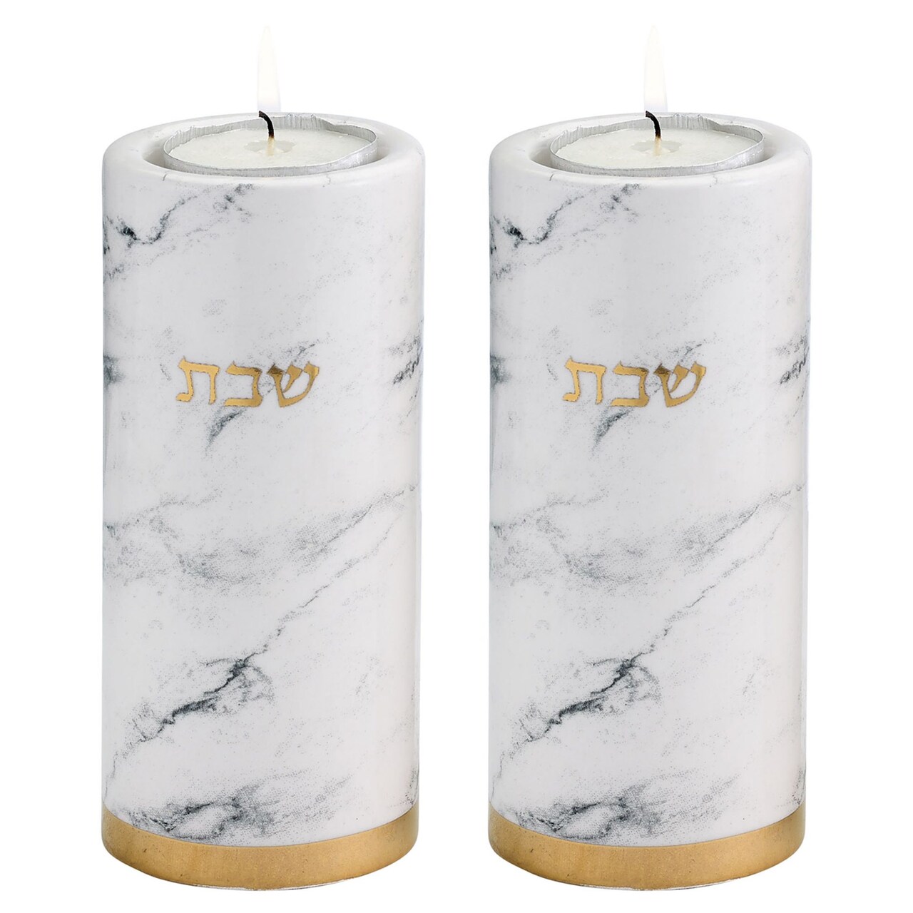 Rite Lite 2pc White and Gold Marble Design Shabbat Candle Holder Set 5.5"